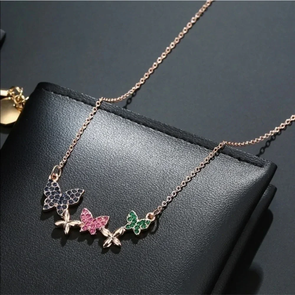 Rainbow Crystal Butterfly Necklace Gold Tone Dainty Charm Y2K Fairycore Jewelry